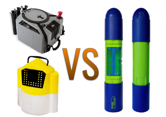Frabill kayak livewell and traditional bait bucket vs Kyaxx BaitBucket comparison — showing bulky traditional options versus the compact, collapsible Kyaxx BaitBucket
