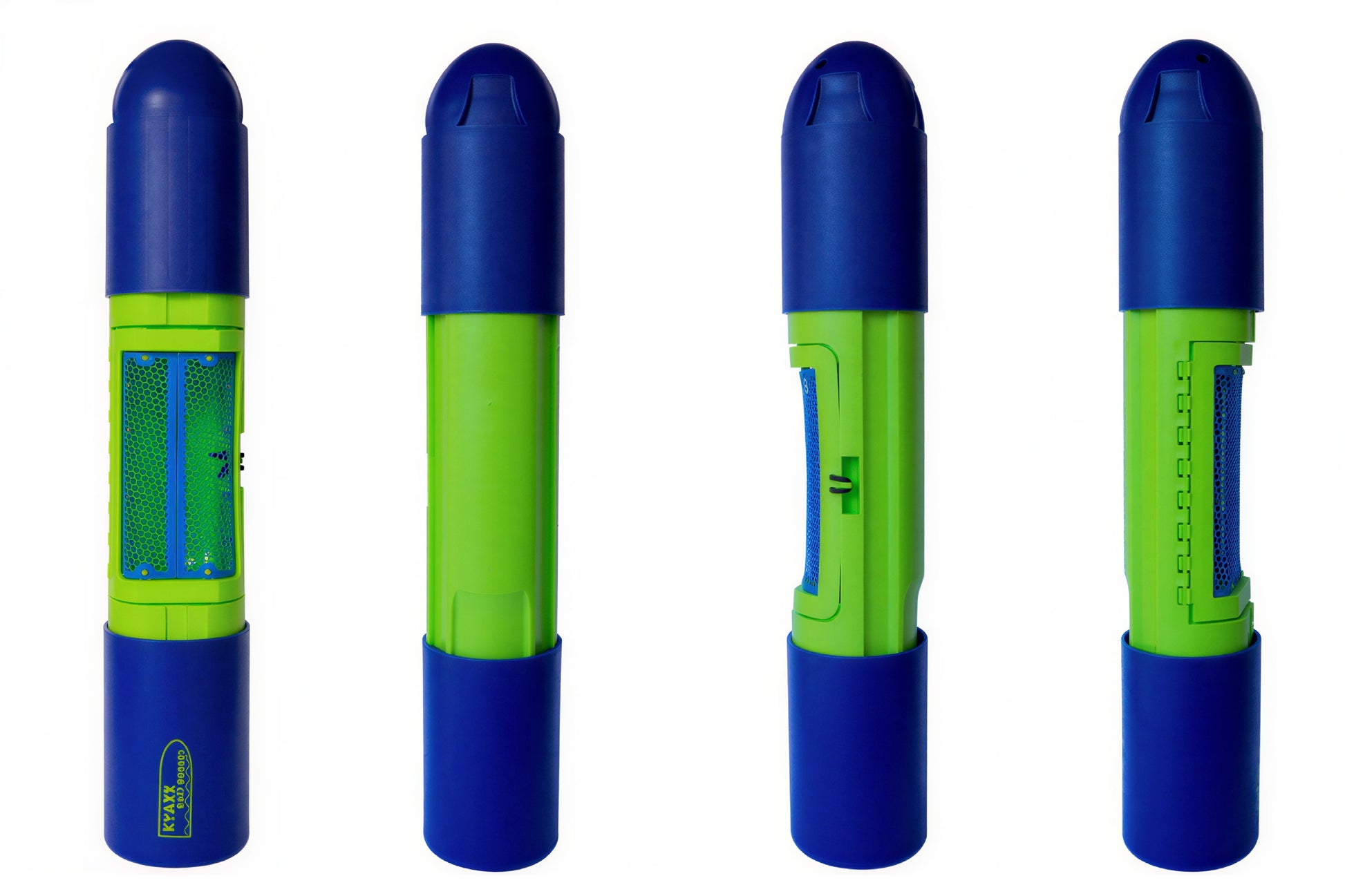 Four-sided view of the Kyaxx BaitBucket collapsible kayak bait bucket showing front, back, and side profiles
